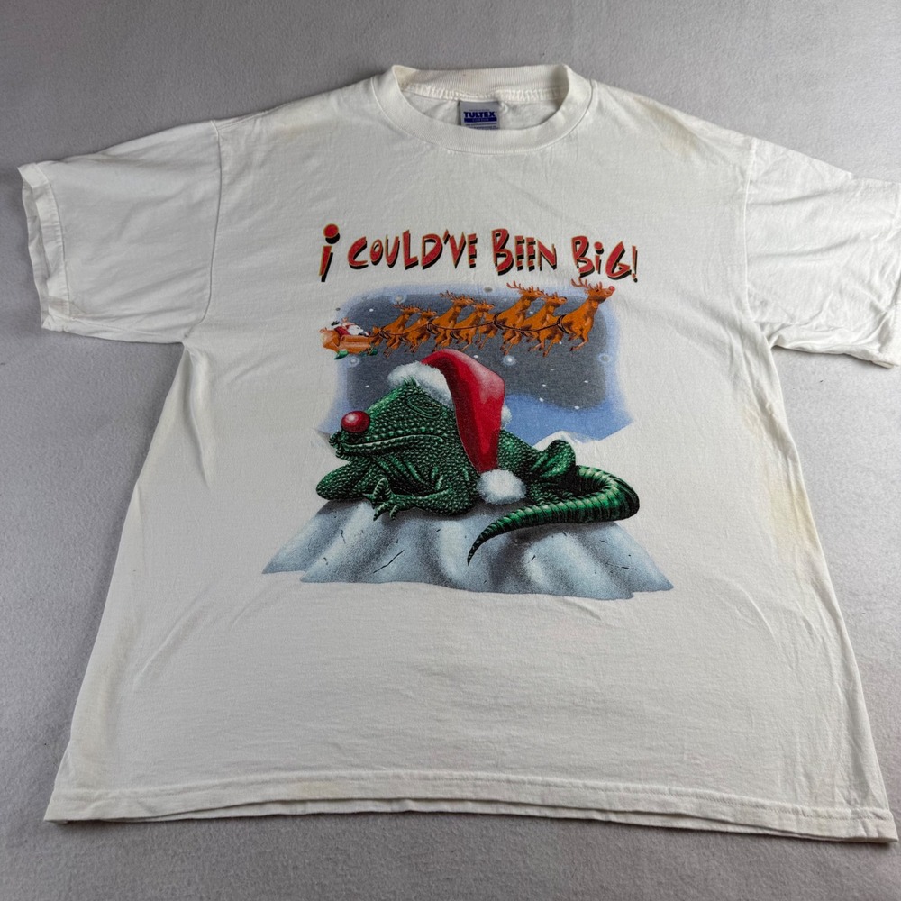 Vintage Tultex Christmas Dragon I Could've Been Big T-Shirt White Men's L